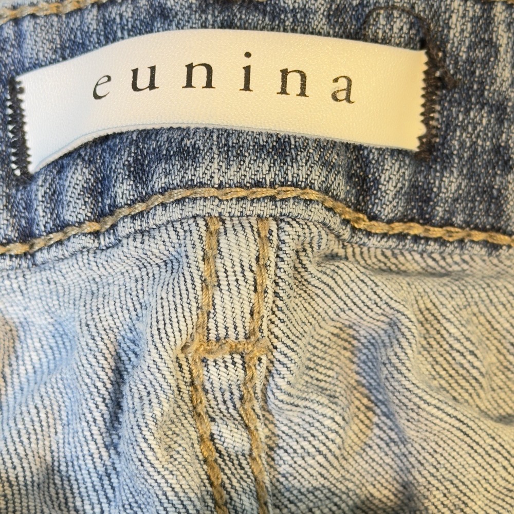 Eunina Women's Mid Rise Bootcut Blue Denim‎ Jeans Stretch 5-Pocket Raw Hem Sz 28 - Picture 6 of 14